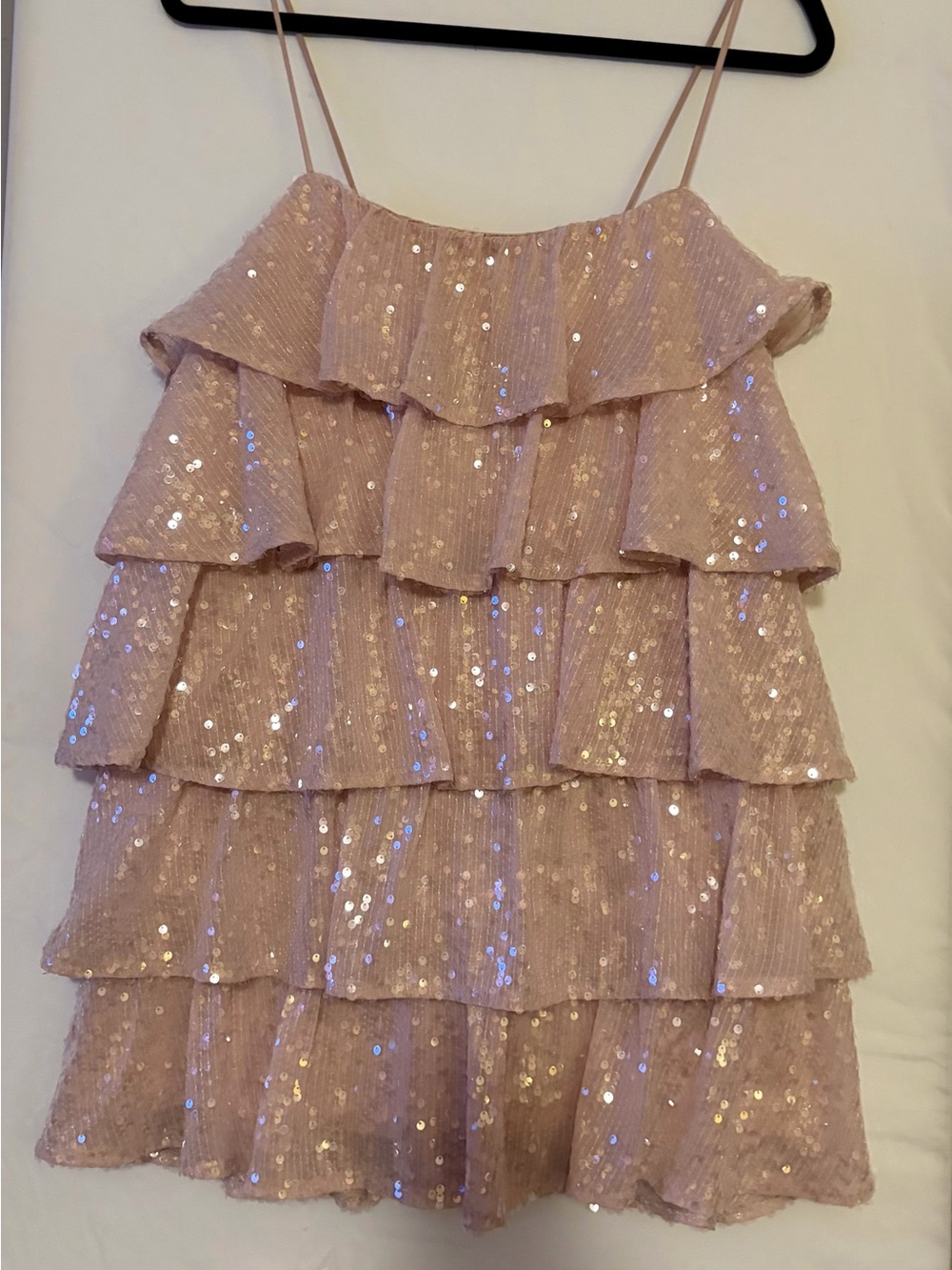 Sequined Tiered Mini Dress in Blush Pink
